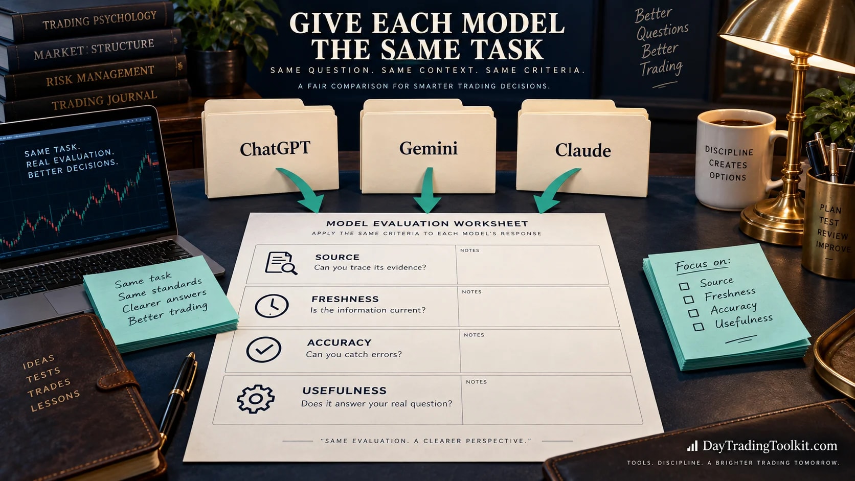 Same-task worksheet evaluating ChatGPT, Gemini, and Claude on sources, freshness, accuracy, and usefulness.