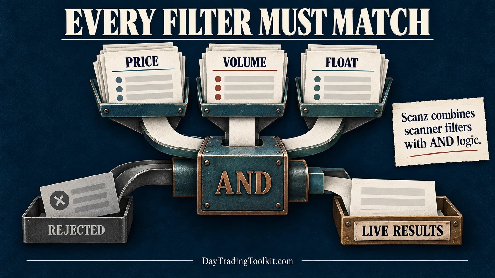 Scanz scanner conditions combine with AND logic to narrow a stock list before chart review.