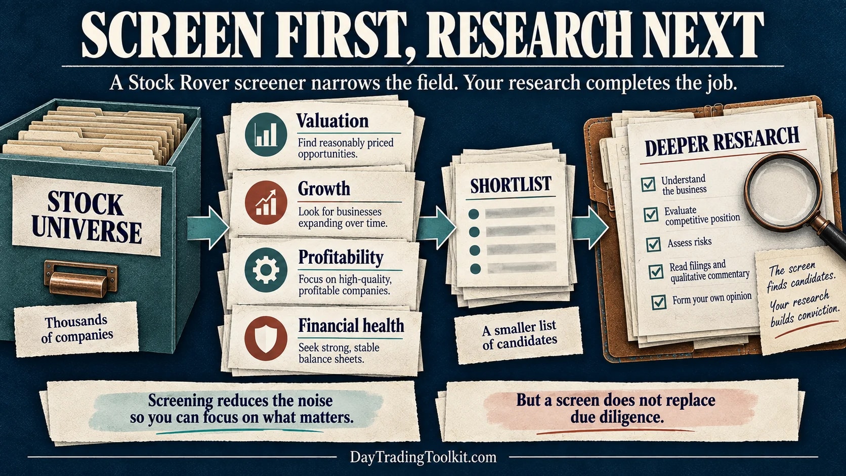 Valuation, growth, profitability, and financial-health screens narrow a stock universe into candidates for deeper research.