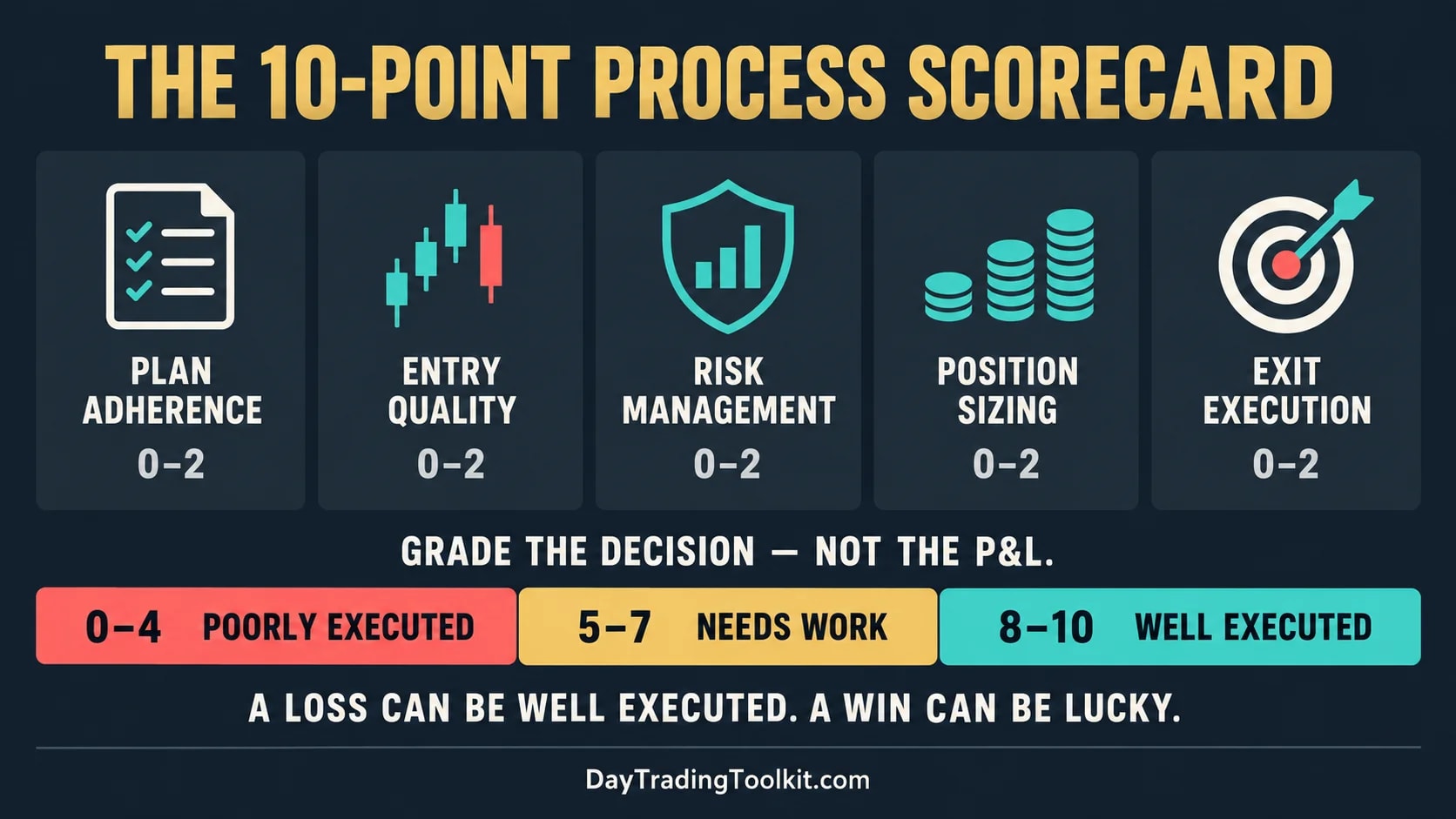 Ten-point paper-trading process scorecard for grading plan adherence instead of profit.