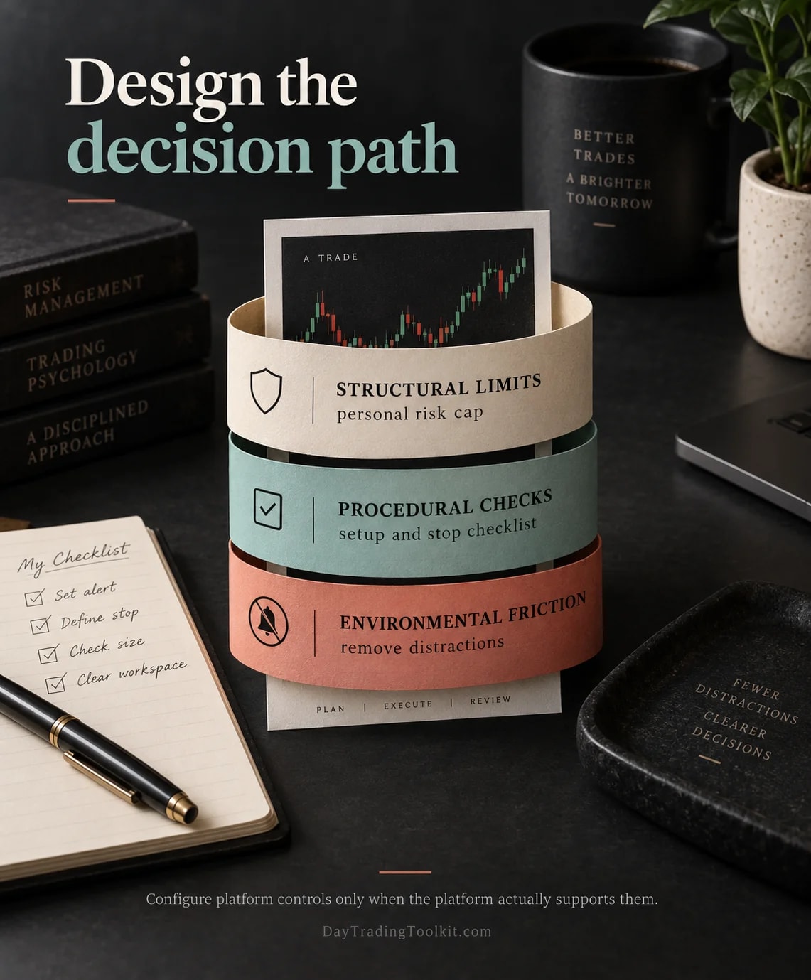 A trading decision path is supported by structural limits, procedural checks and environmental safeguards.