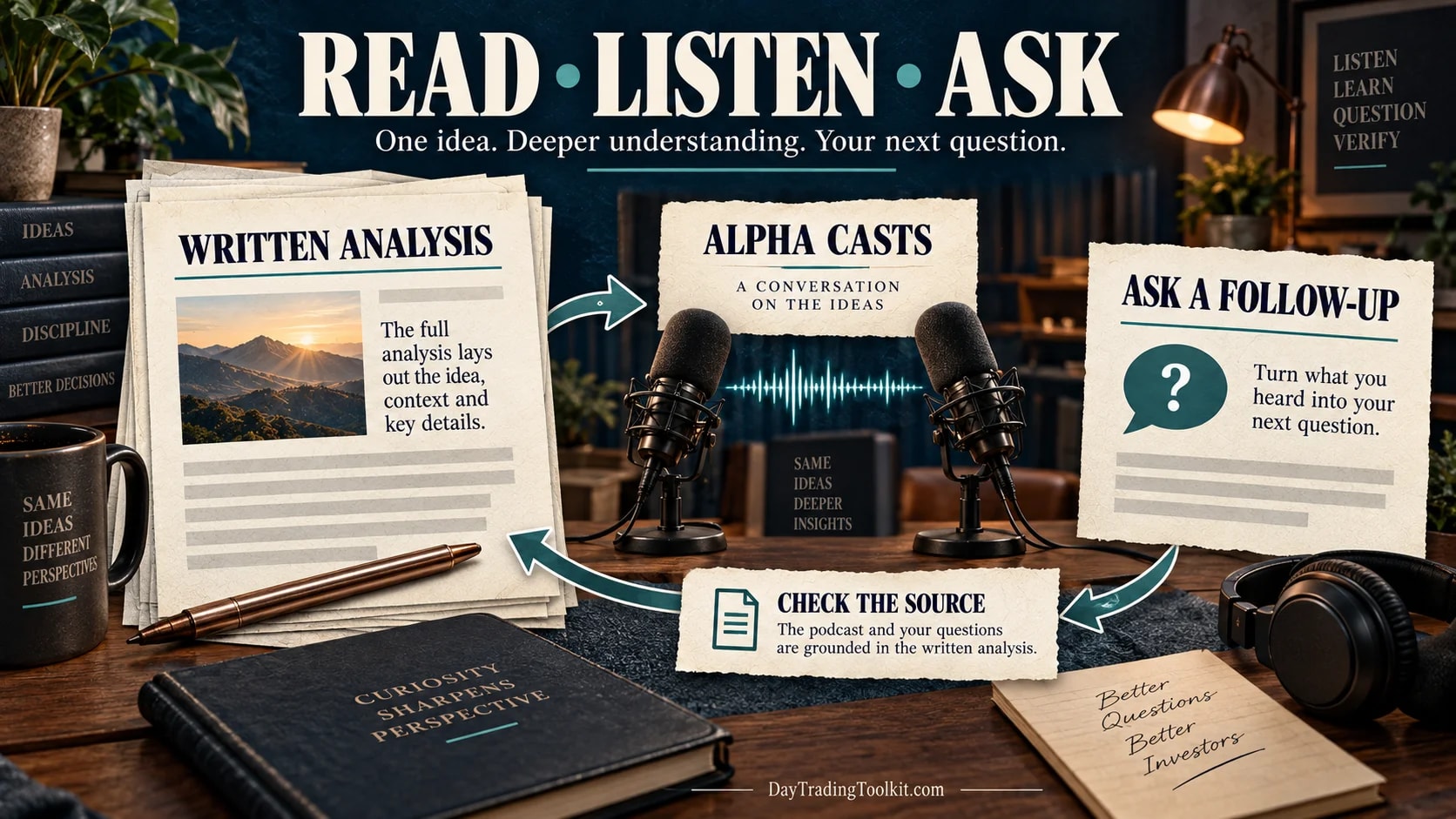 StockAlpha.ai article becomes an Alpha Casts audio conversation and supports a follow-up question tied back to the written analysis.