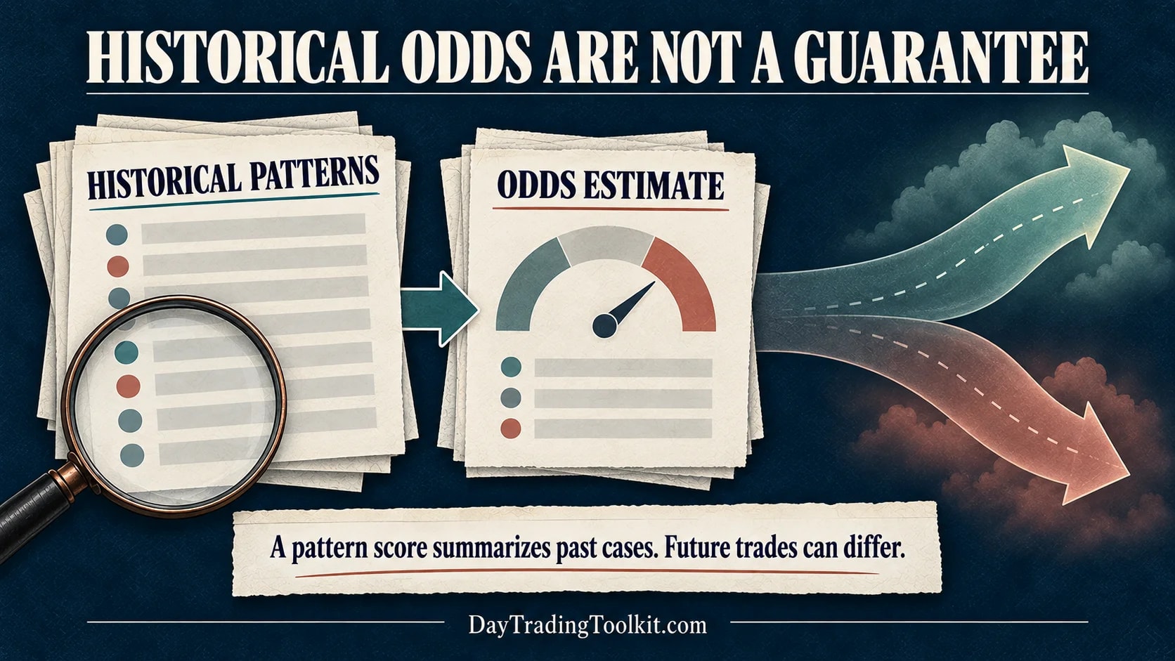 Historical pattern cases feed an odds estimate while the future branches into different possible outcomes.