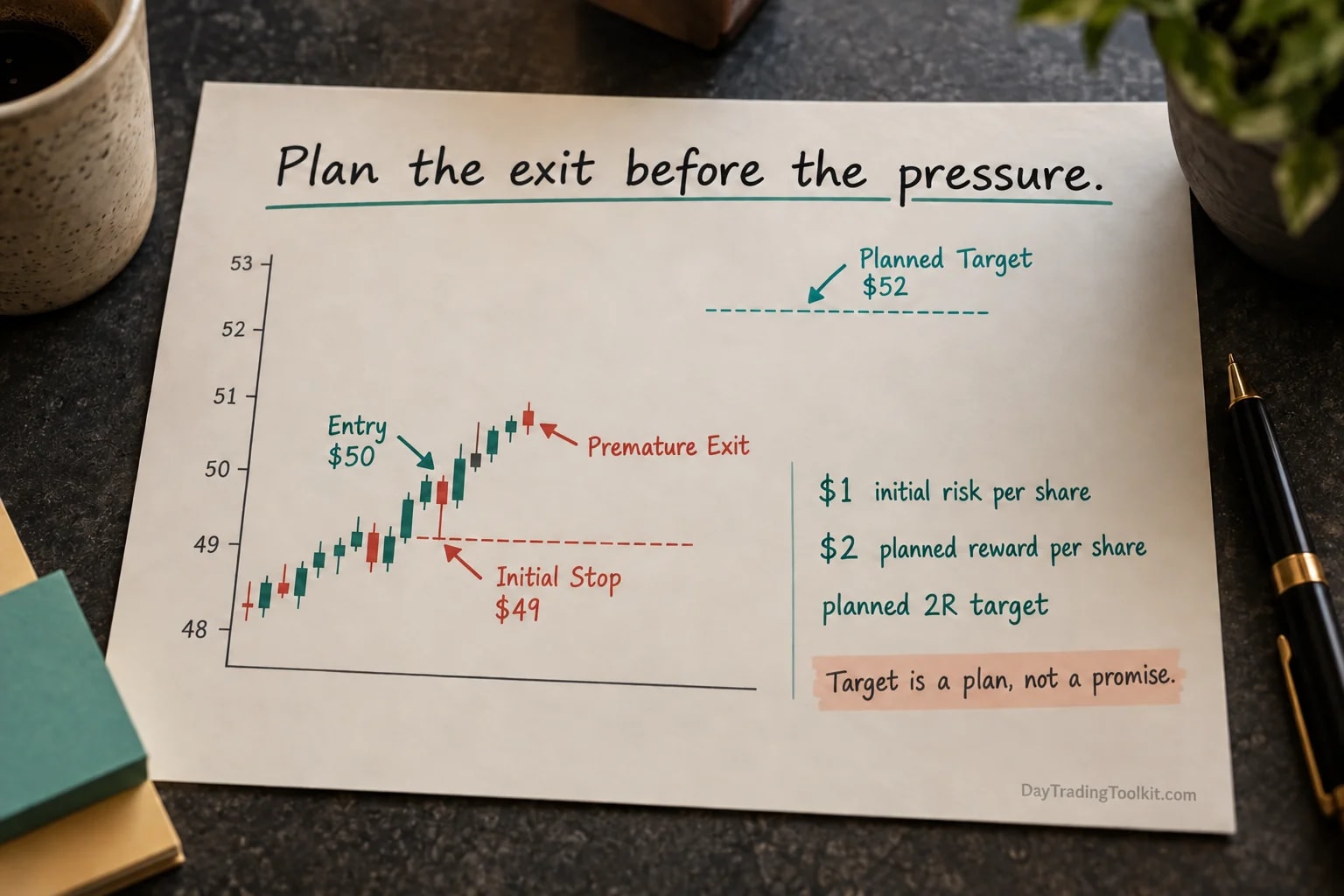 Hypothetical long trade has a $50 entry, $49 initial stop and $52 target, giving planned reward of 2R.