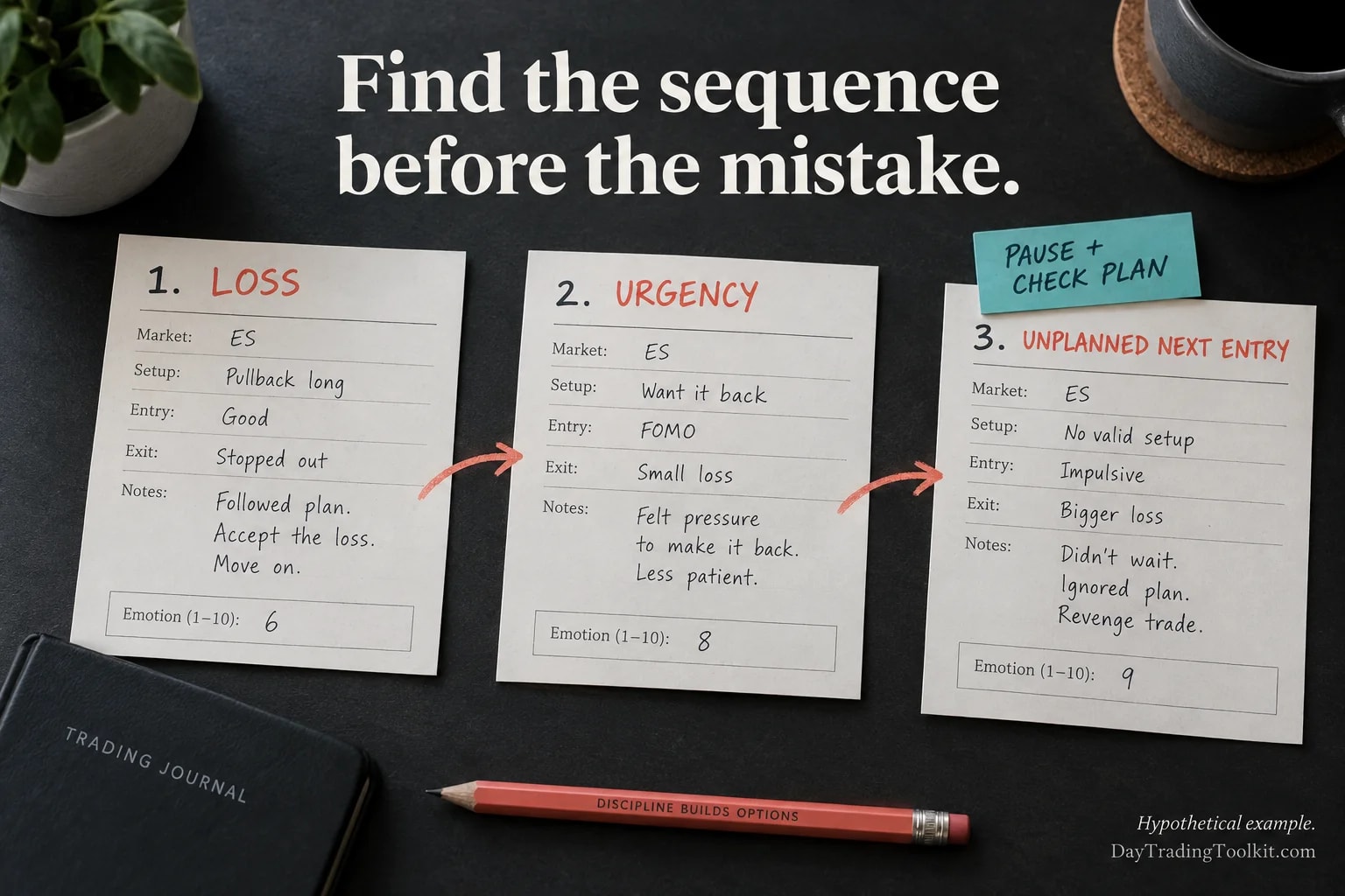Three hypothetical journal records reveal loss, urgency and an unplanned next entry, with a guardrail before that decision.