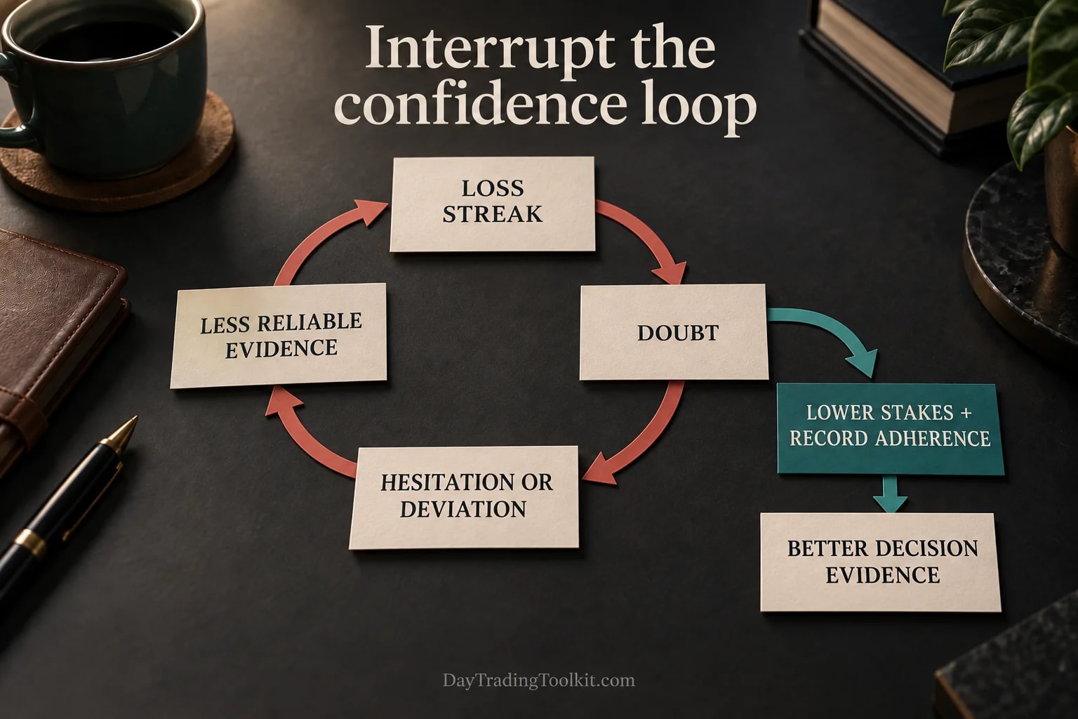 Confidence loop links doubt to hesitation or deviation, weaker execution evidence and further doubt.
