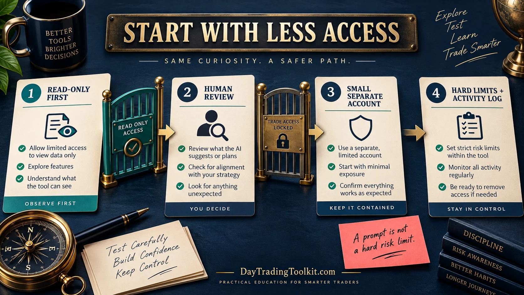 A staged AI brokerage trial starts read-only, then uses a test environment and human review before considering greater access.