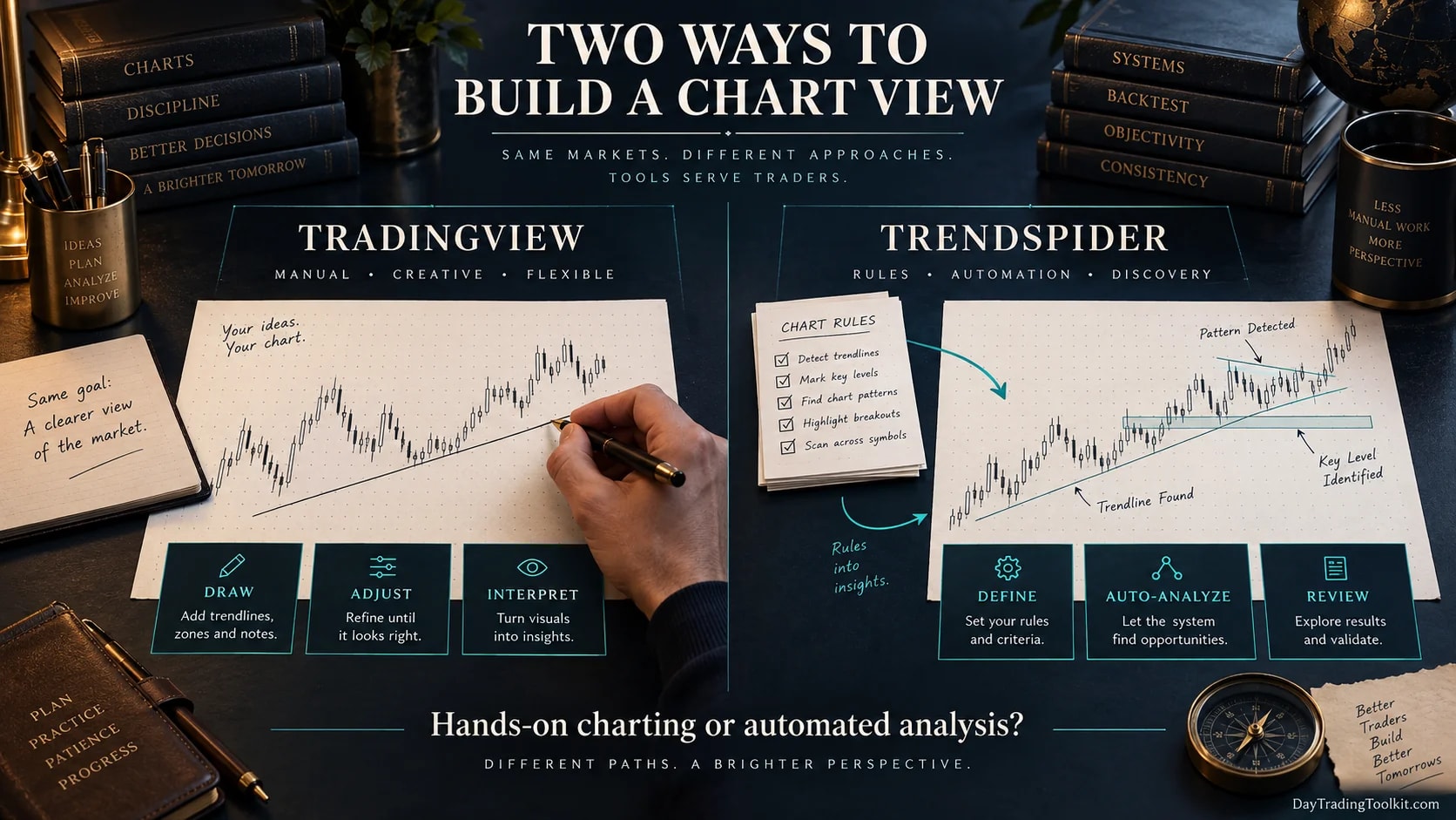 Hands-on chart drawing compared with rule-led automated chart analysis.