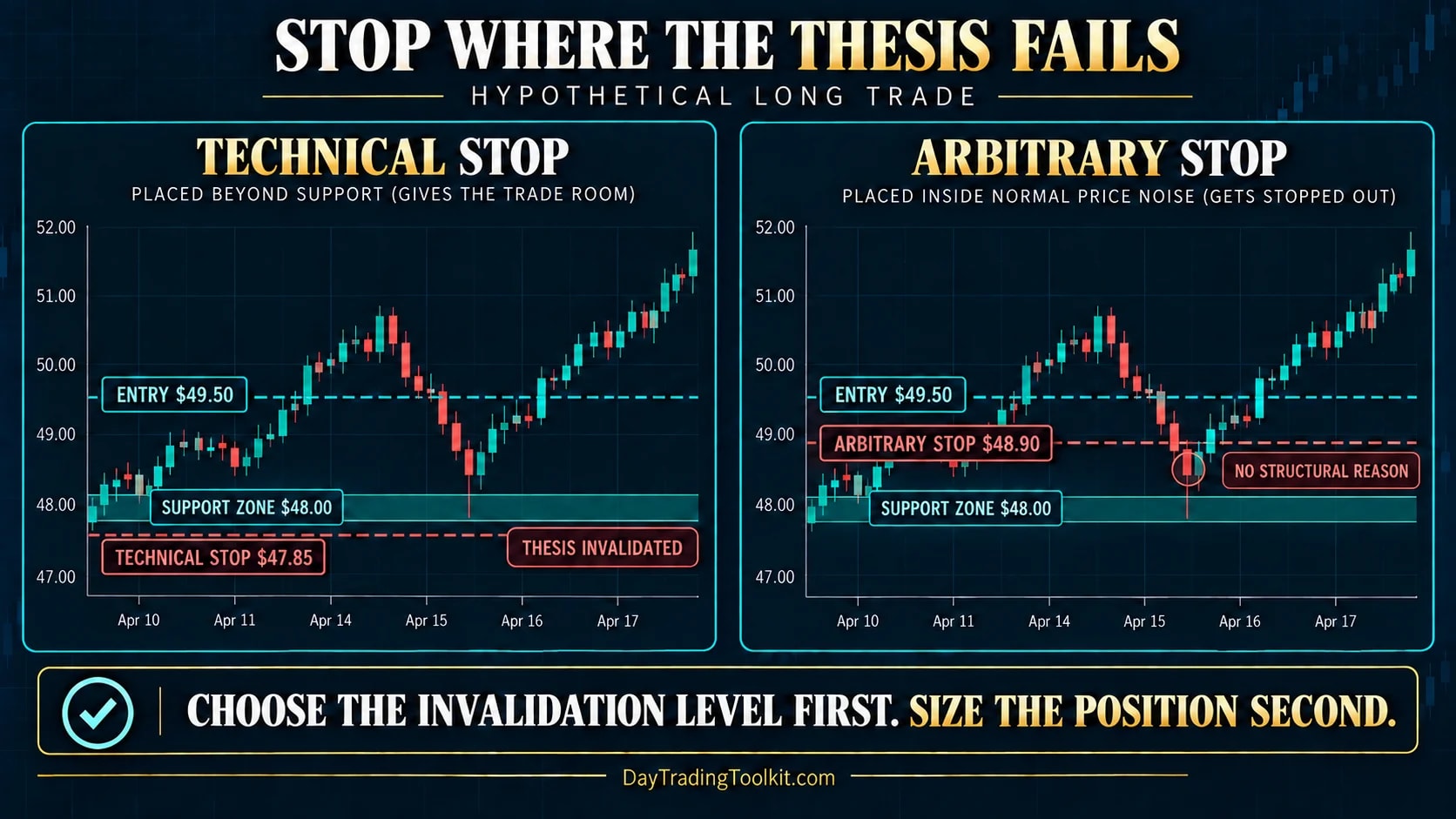 Technical stop below support compared with arbitrary stop inside normal price noise