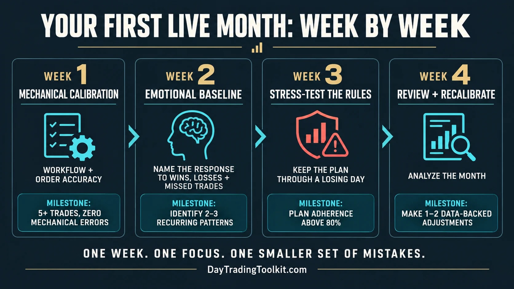 Four-week first-live-month curriculum from mechanical calibration through assessment and recalibration.
