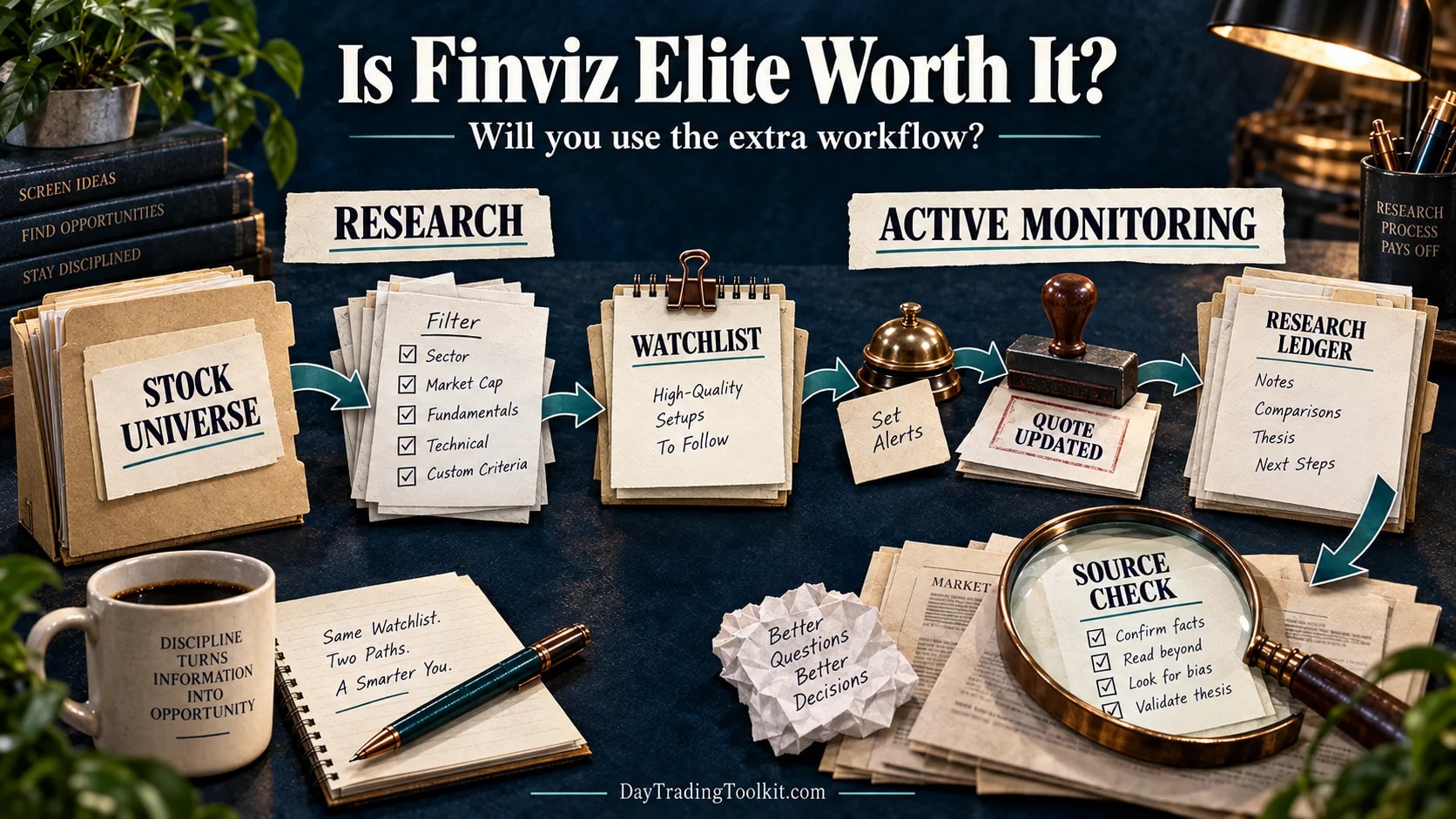 Finviz research workflow moves from a stock universe through filters and a watchlist to monitoring and source checks.