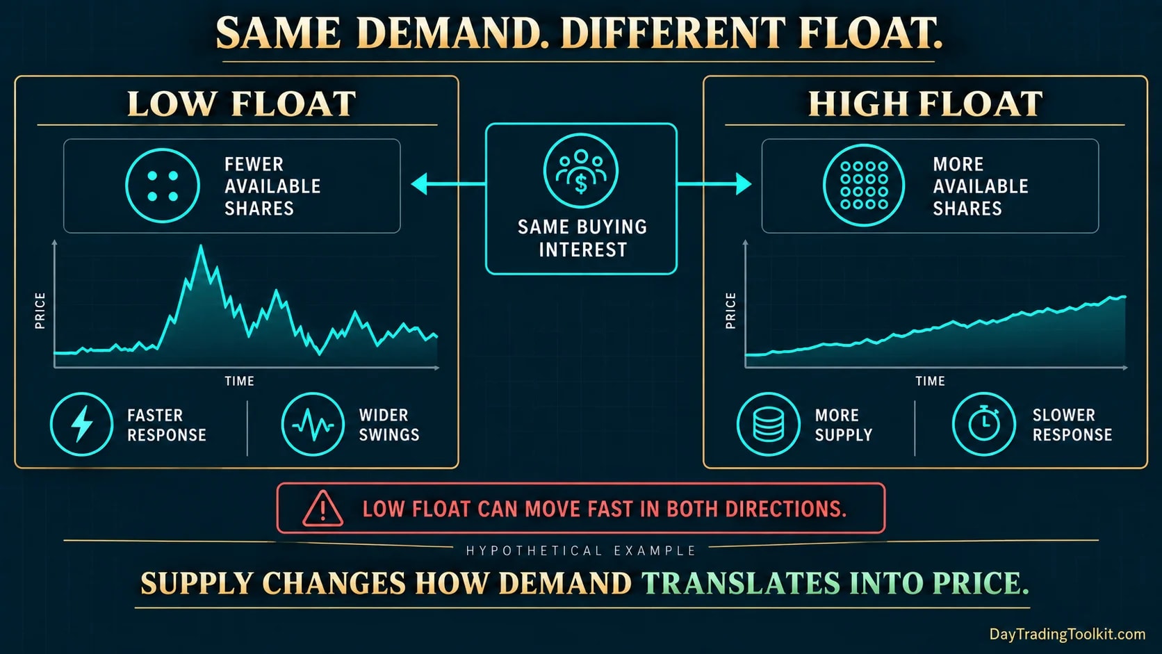 Hypothetical equal buying interest produces sharper swings in a low-float stock and a slower response in a high-float stock.