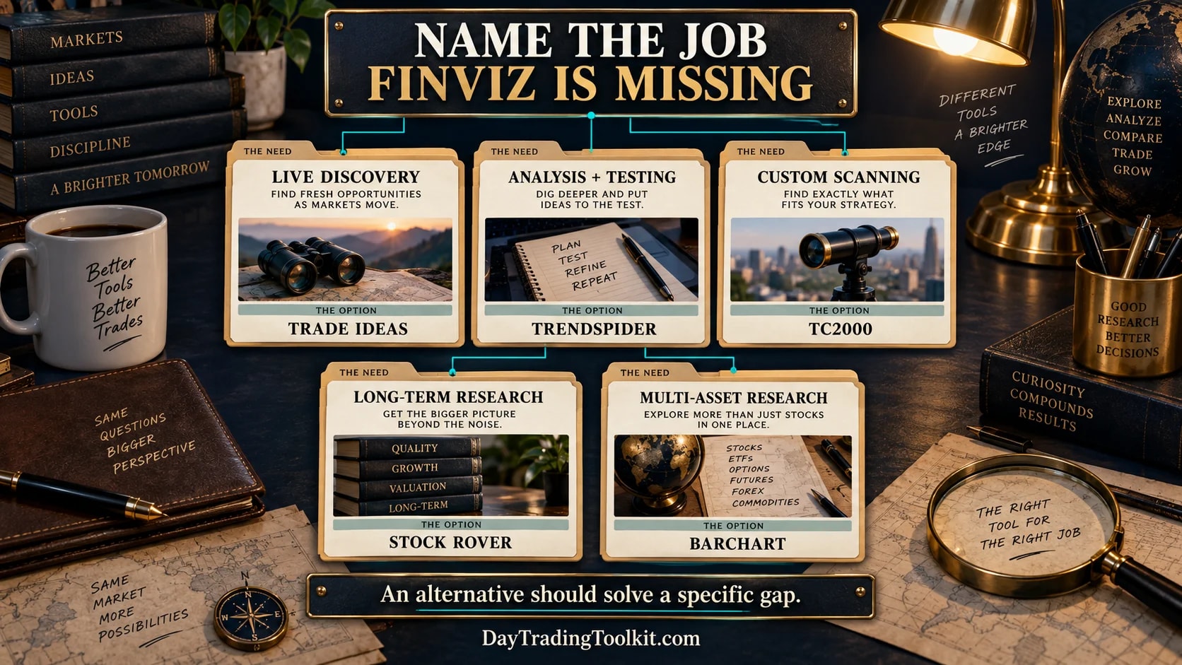 Five Finviz alternatives mapped to distinct missing research and scanning jobs.