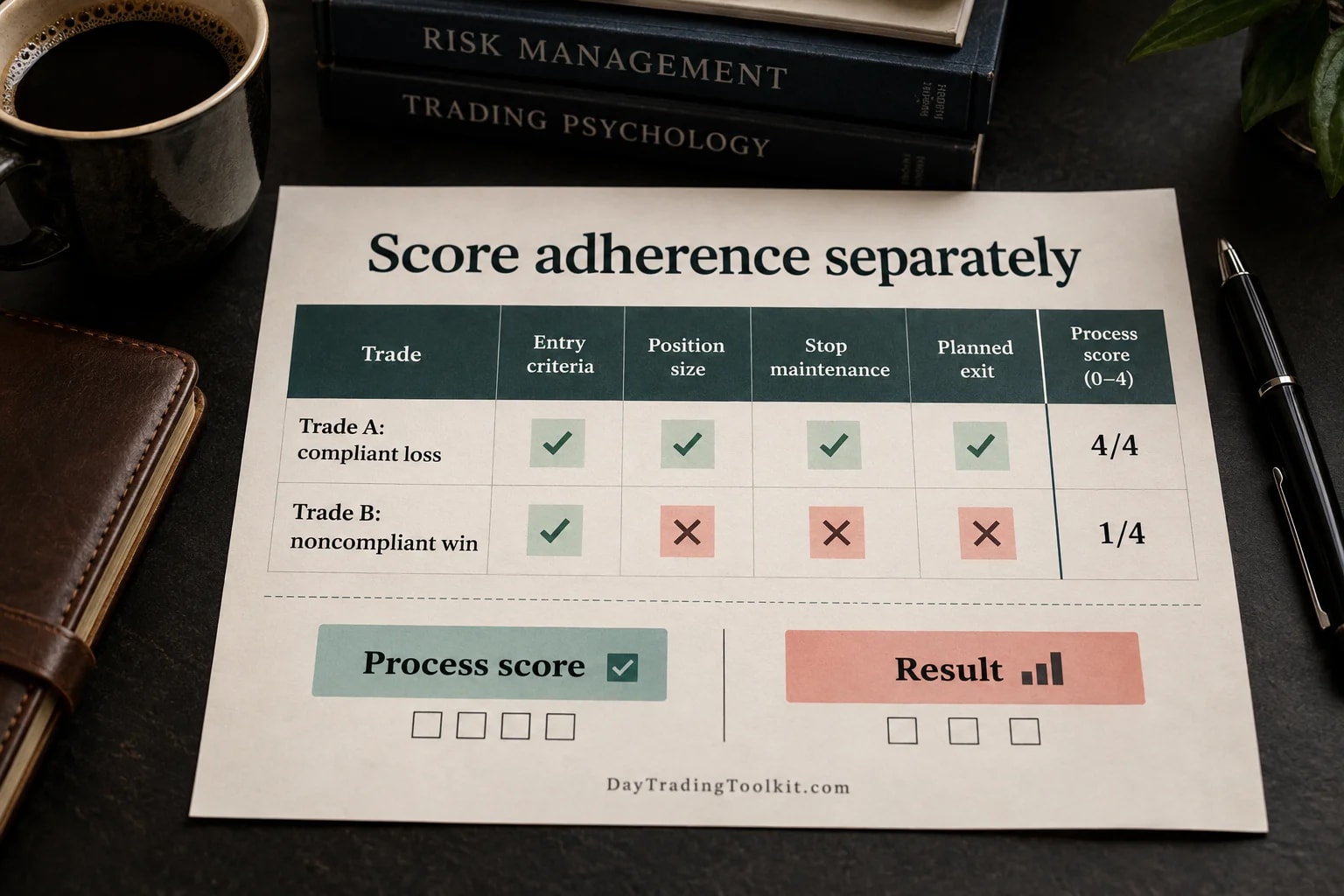 Per-trade adherence score awards up to four points for entry criteria, position size, stop maintenance and the planned exit.