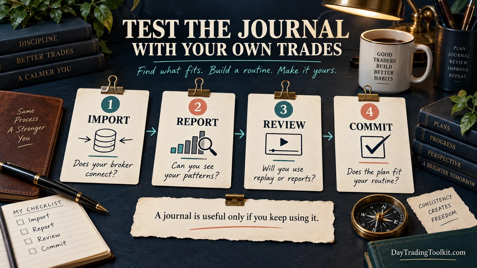 Four-step process to test trade import, reports, review, and routine fit.