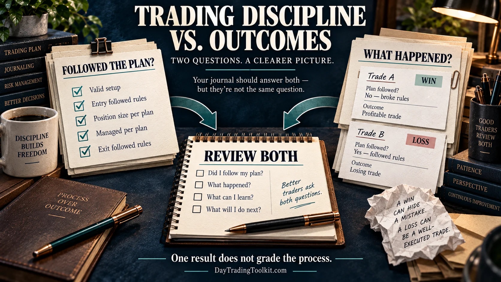 Trading journal worksheet compares whether a trader followed a plan with the outcome of an individual trade.