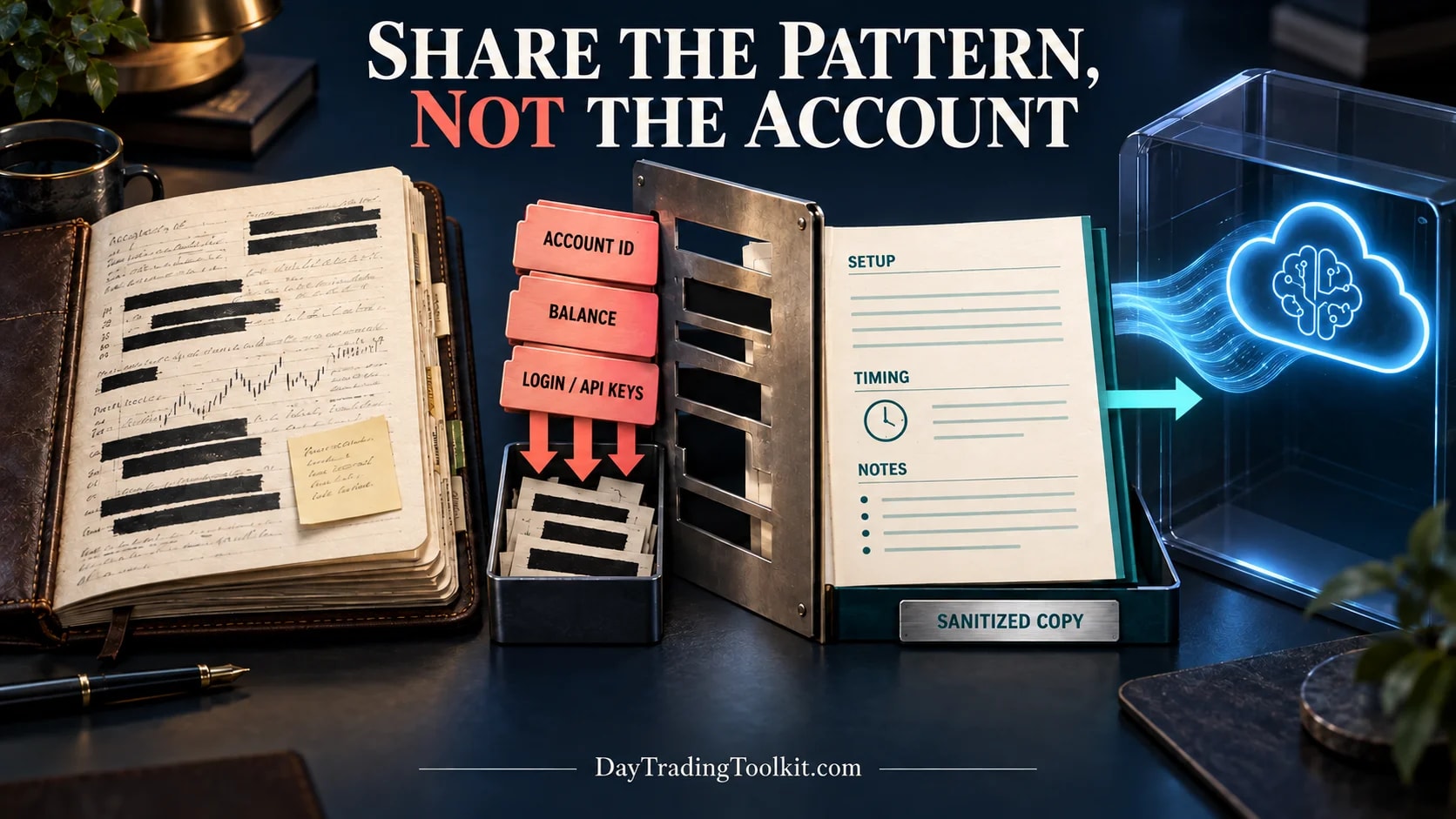 Account identifiers, balance, and credentials are removed while setup, timing, and notes remain in a sanitized journal copy.