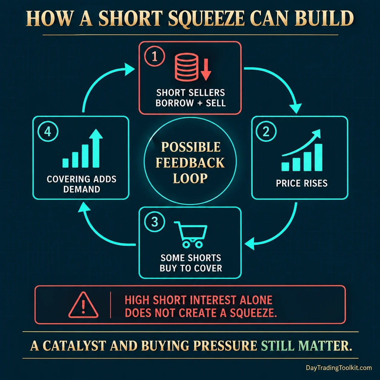 Circular short-squeeze mechanism in which rising price prompts covering, and covering adds further demand.