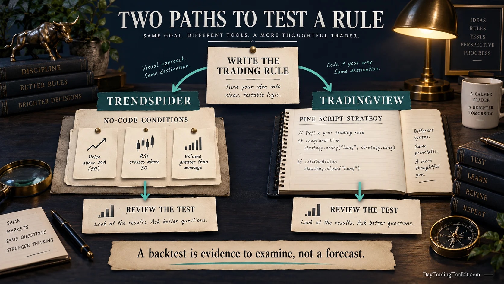 No-code condition cards and a Pine Script strategy as two paths to a backtest.