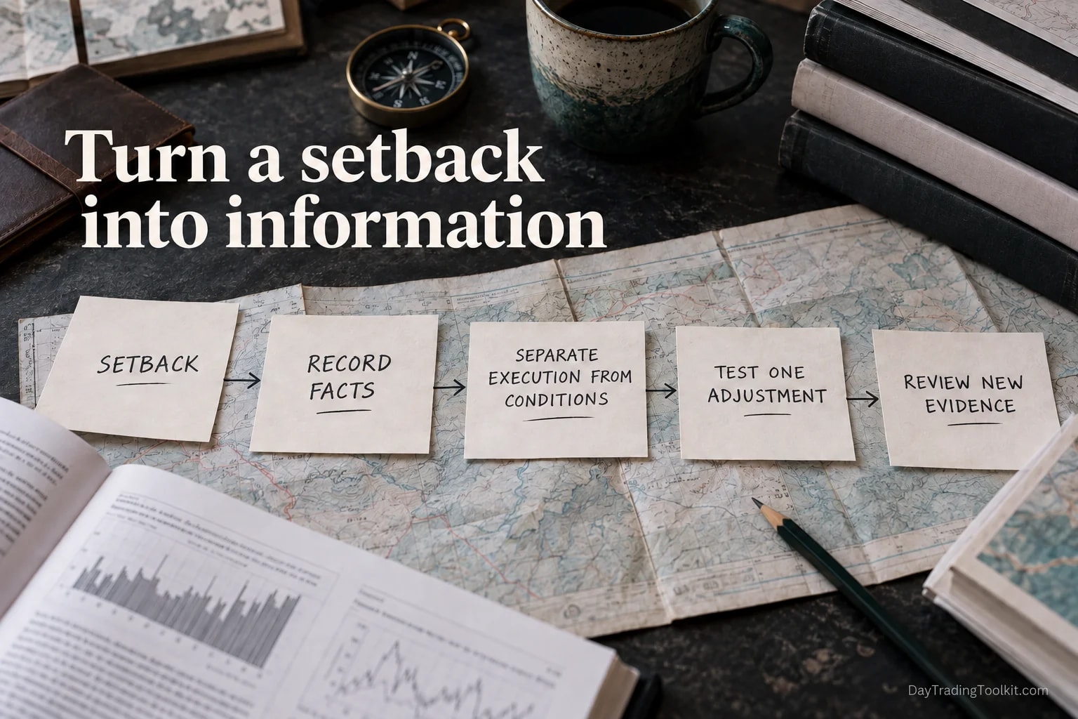 Review process moves from a setback to recording facts, separating execution from conditions, testing an adjustment and reviewing it.