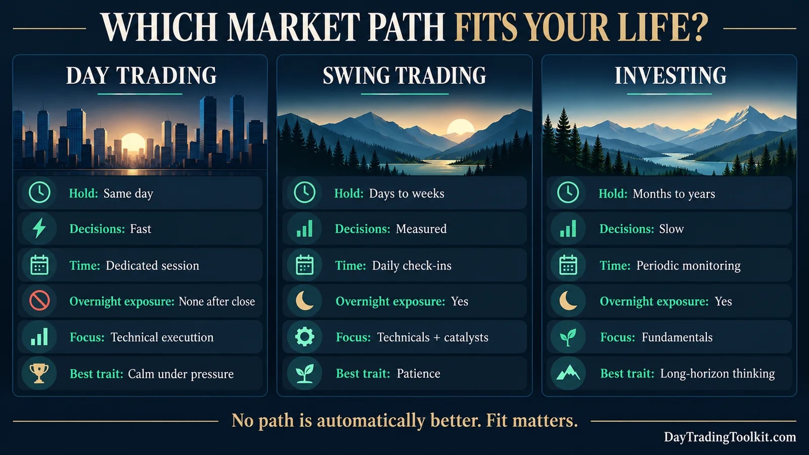Comparison of day trading, swing trading, and investing by holding period, decision speed, time needs, exposure, and focus.