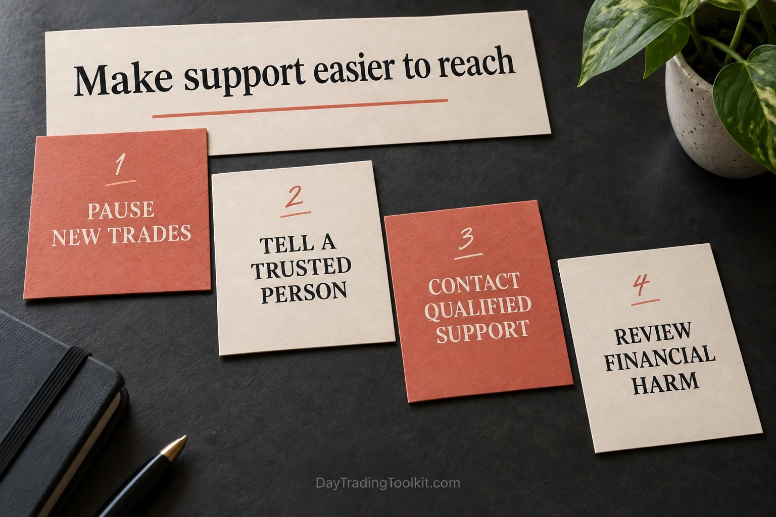 Support pathway covers reducing immediate trading risk, involving a trusted person, contacting qualified support and reviewing financial harm.