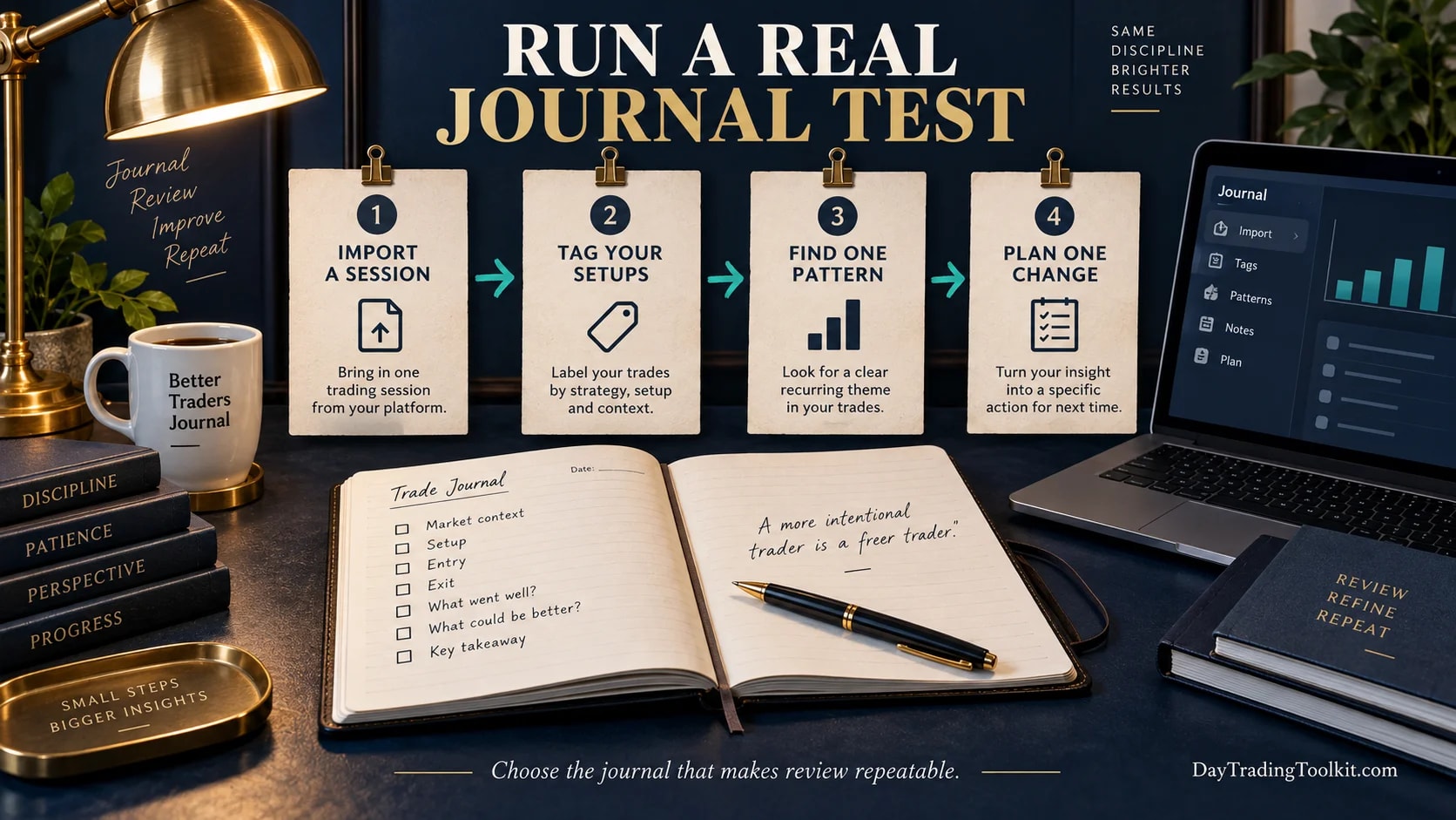 Four-step journal trial using trade import, setup tags, pattern review, and a process change.