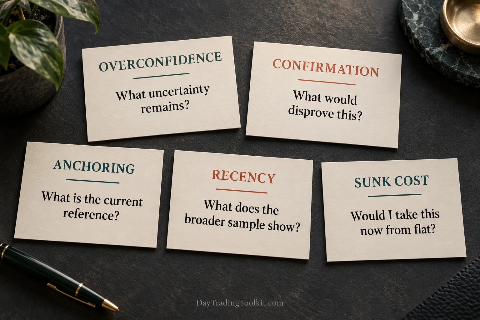 Five counterquestions address uncertainty, contrary evidence, fresh reference points, broader samples and sunk costs.