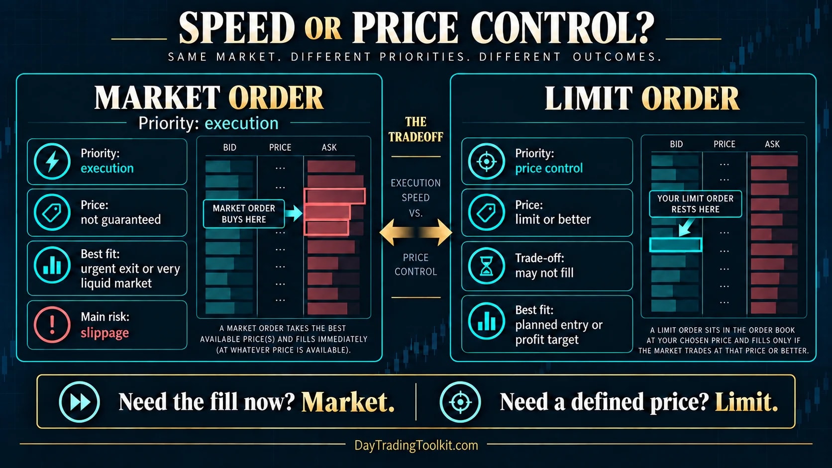 Market and limit orders compared by execution priority, price control, fill certainty and slippage risk.