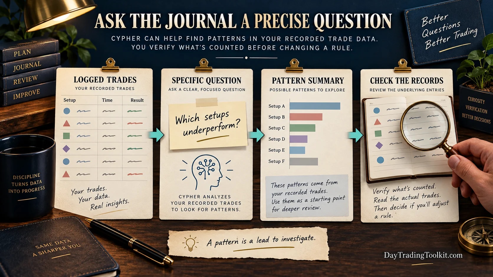 A journal question passes through recorded trades to a pattern worth investigating.