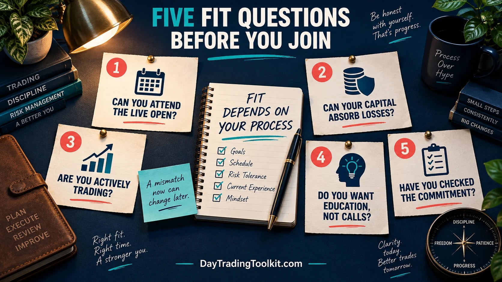 Five fit questions cover schedule, capital, trading goal, expectations, and commitment.