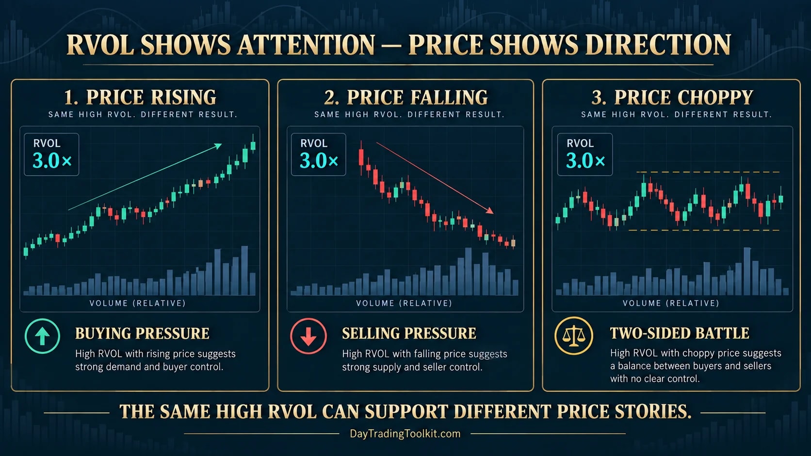 Three hypothetical charts share RVOL of 3.0 while price rises, falls or remains choppy.