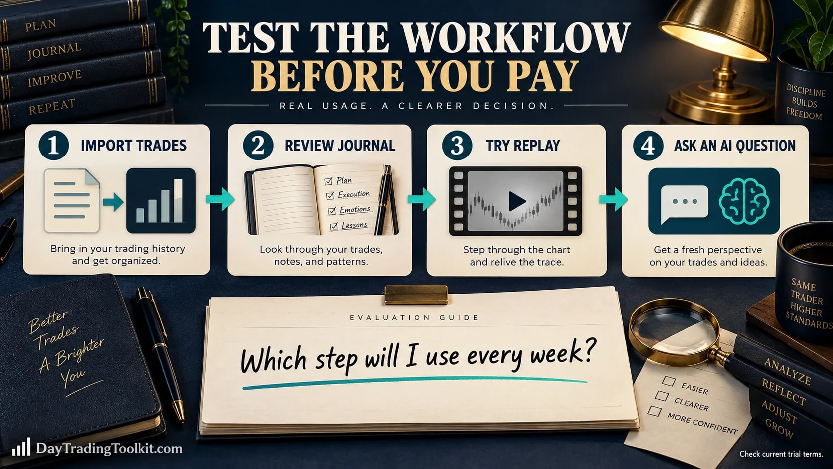Trial workflow for testing TraderSync journaling and review tasks.