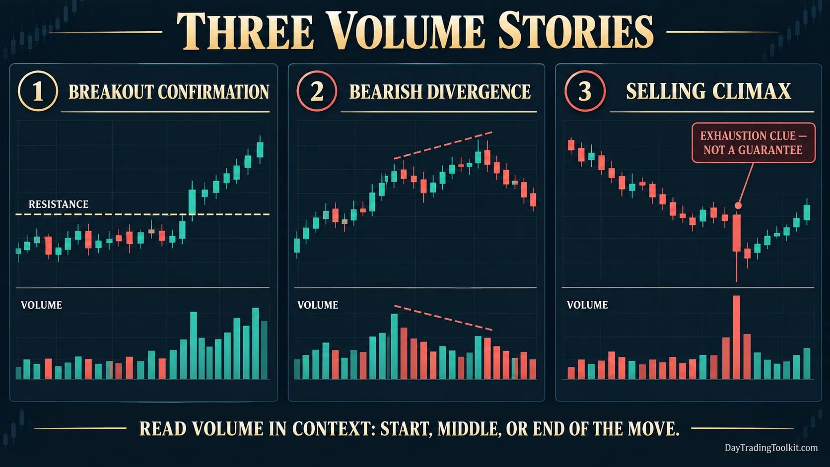 Three chart examples showing breakout volume confirmation, bearish volume divergence, and a selling climax.