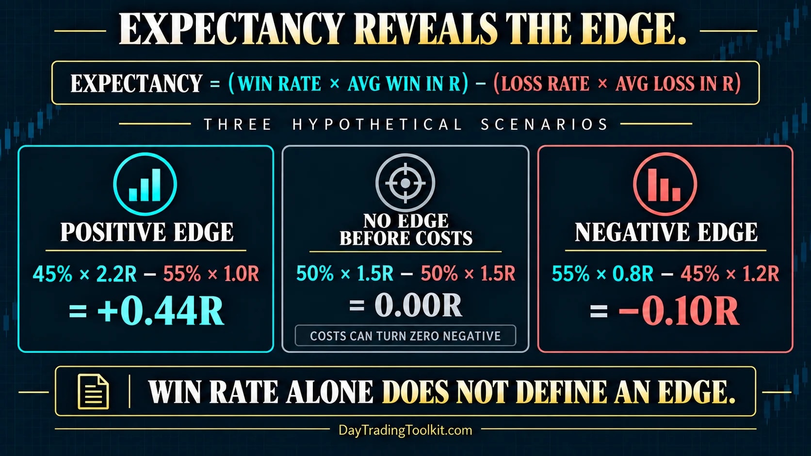 Expectancy formula with hypothetical positive, breakeven, and negative edge scenarios