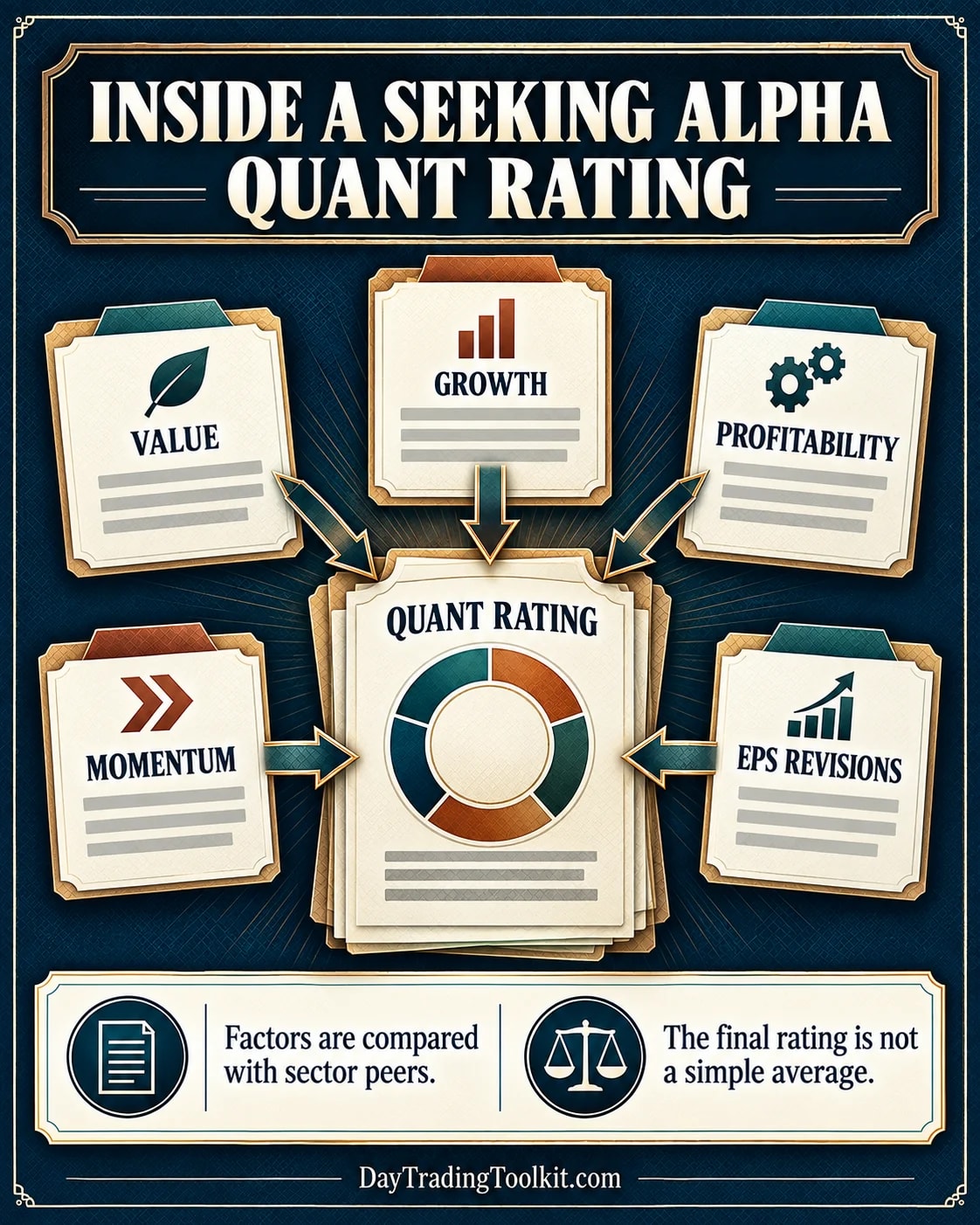 Seeking Alpha Quant Rating schematic showing Value, Growth, Profitability, Momentum, and EPS Revisions factors feeding an overall rating.