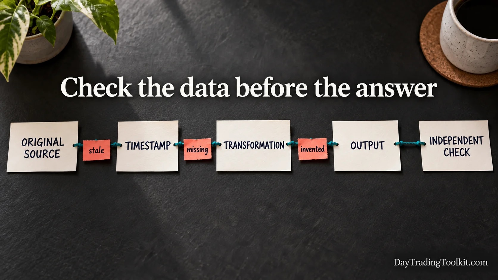 Data-checking sequence follows the original source, timestamp, transformation, AI output and an independent verification.