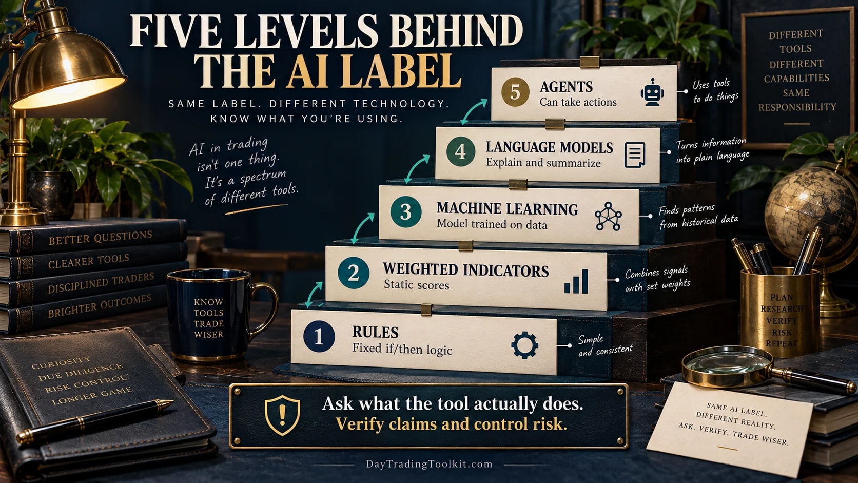 Five technology levels from fixed rules and weighted indicators through machine learning, language models, and agents.