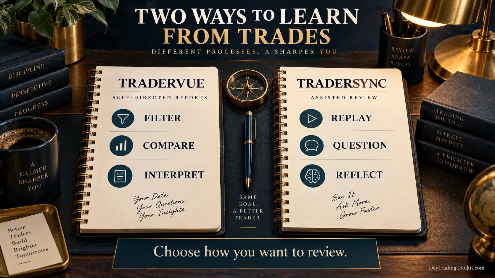 Tradervue self-directed reports beside TraderSync assisted review and replay.