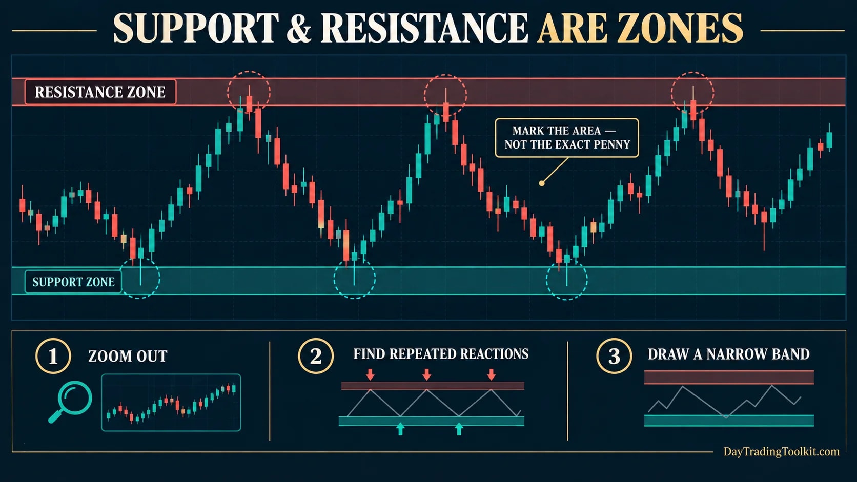 Price chart showing support and resistance as narrow zones identified from repeated reactions.