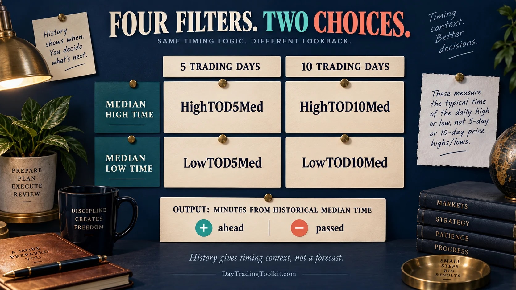 Four Trade Ideas codes combine a five- or ten-day lookback with the median time of the daily high or low.