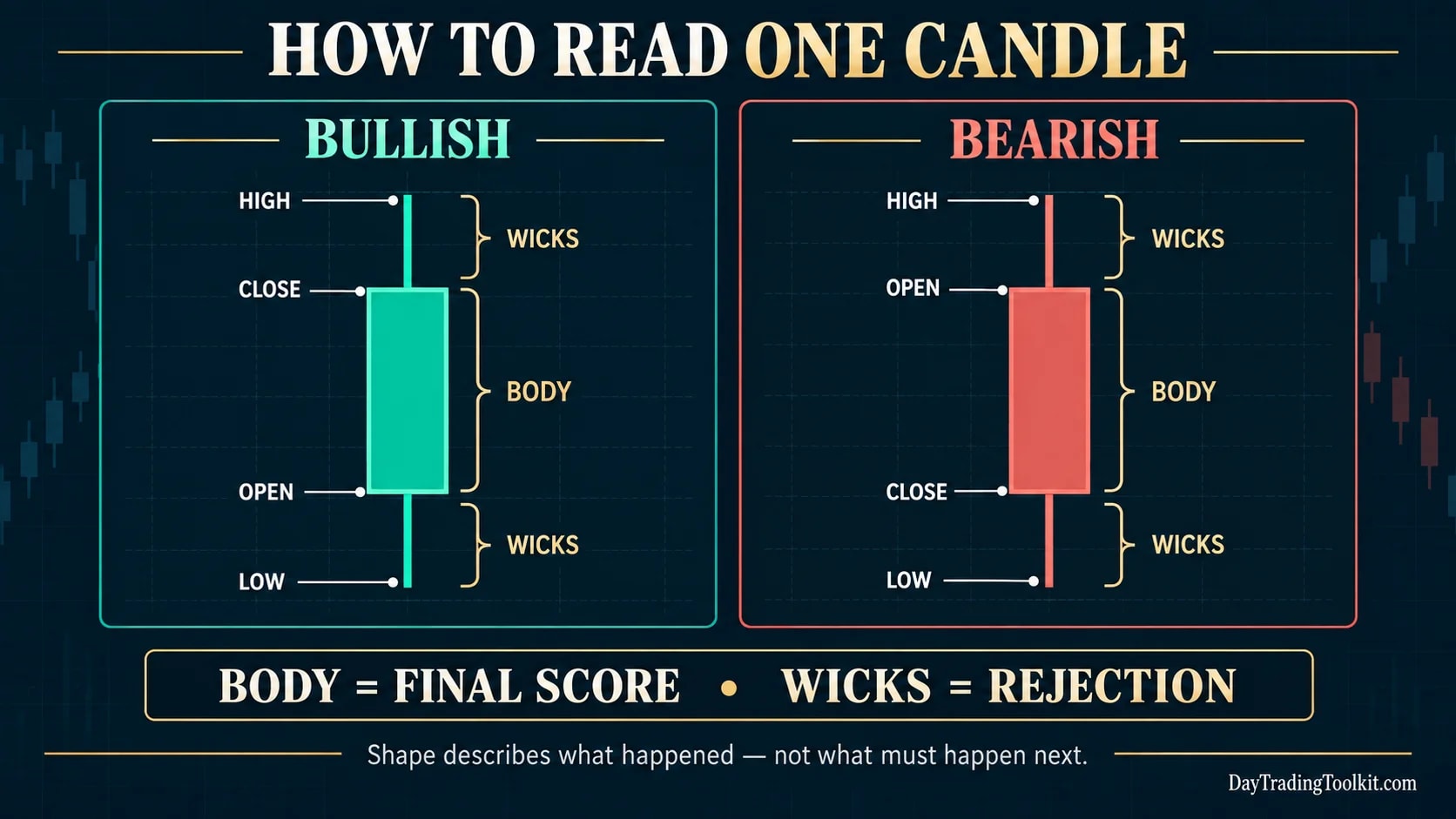 Bullish and bearish candlestick anatomy showing the open, high, low, close, real body, and upper and lower wicks.