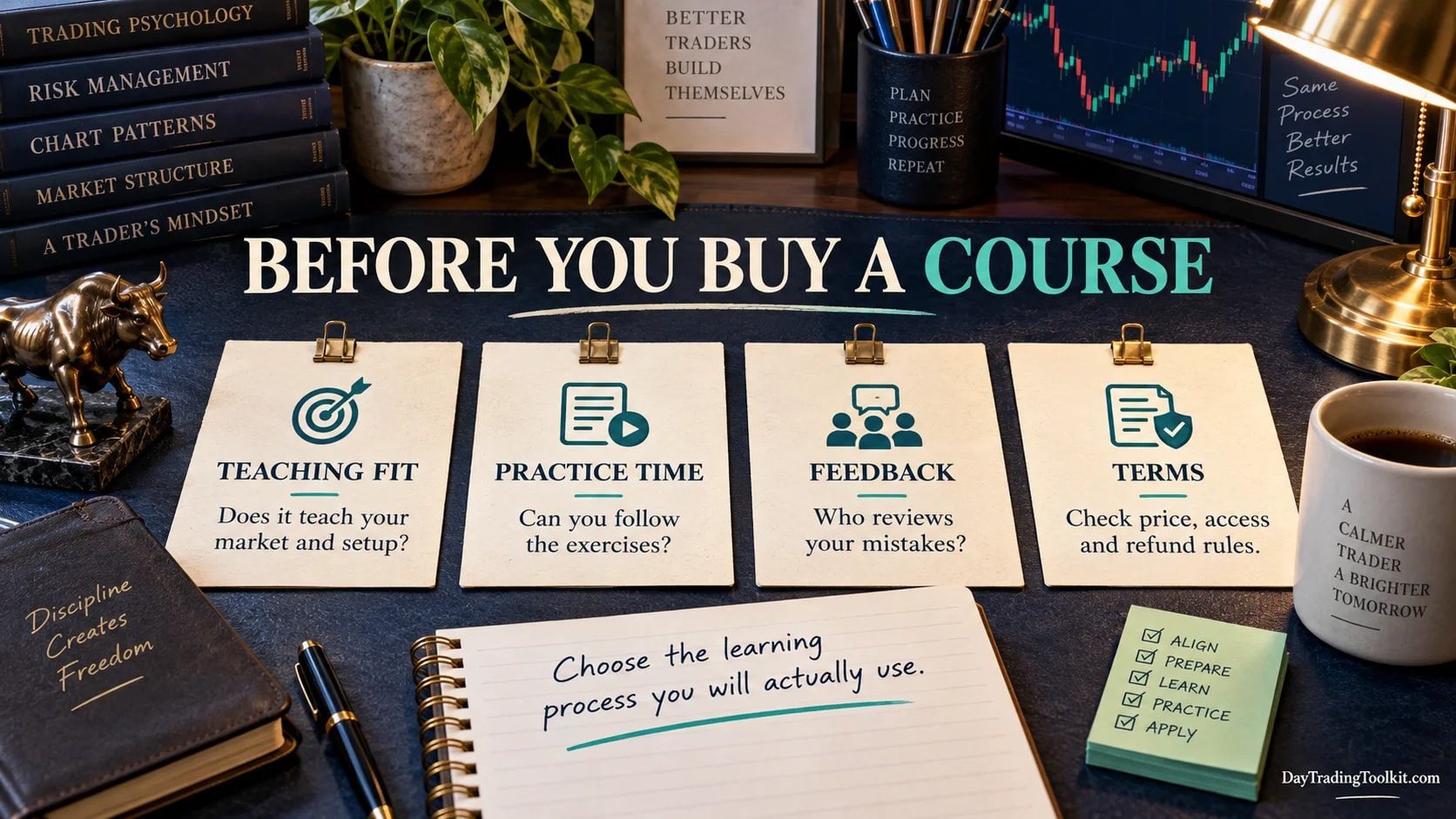 Four buying questions covering teaching fit, practice time, feedback, and terms.