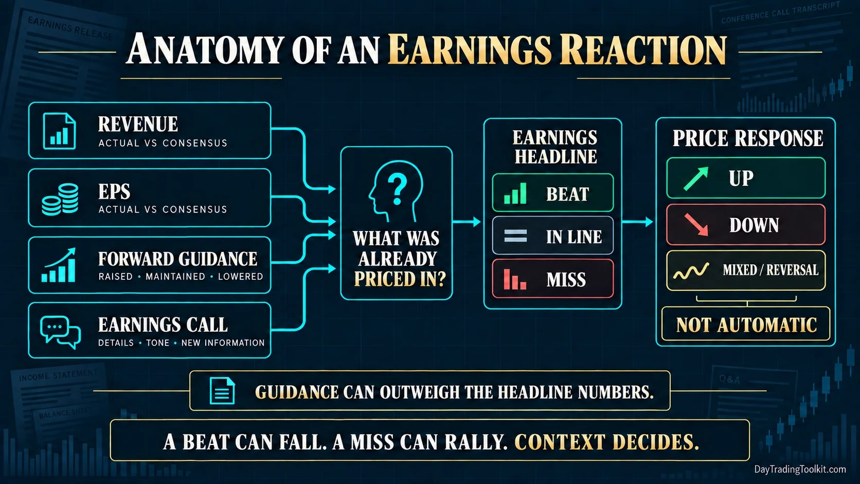 Earnings reaction framework comparing revenue, EPS, and guidance with consensus before the stock reprices.
