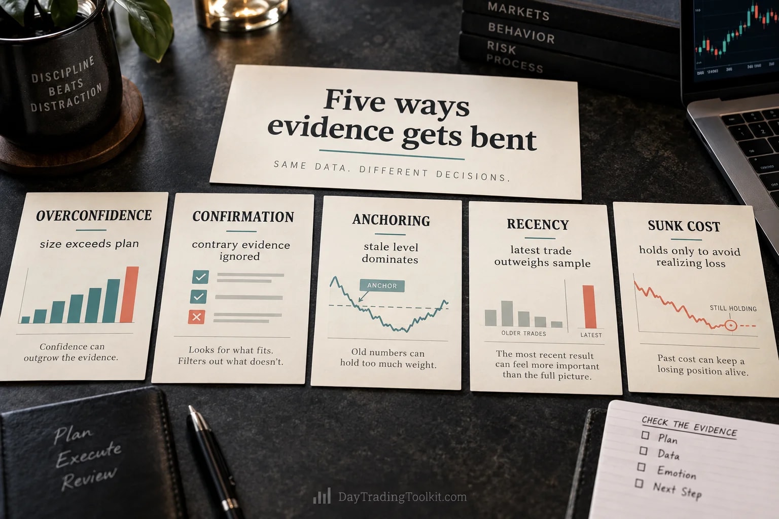Five trading biases—overconfidence, confirmation, anchoring, recency and sunk cost—are paired with cues and behaviors.