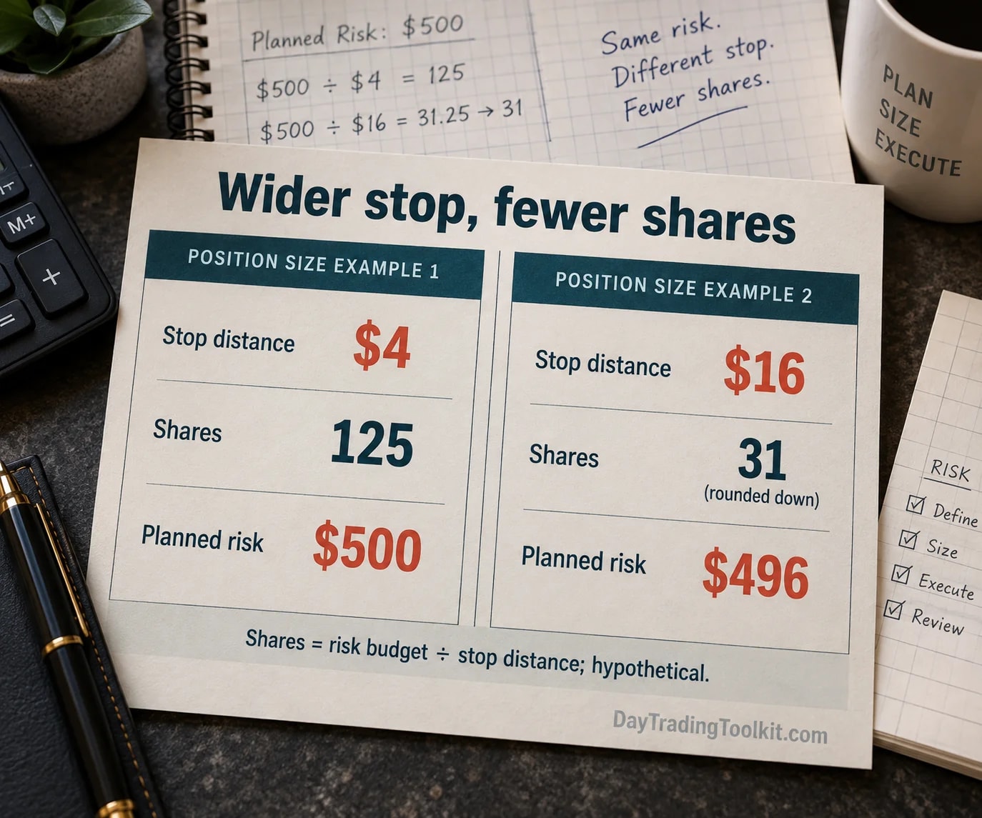 A $500 planned risk budget allows 125 shares with a $4 stop or 31 shares with a $16 stop, risking $496.