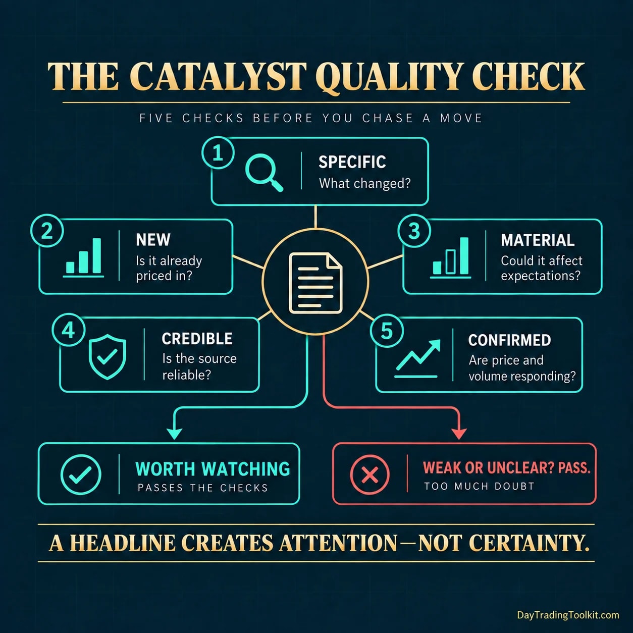 Five checks assess whether a catalyst is specific, new, material, credible and confirmed by price and volume.