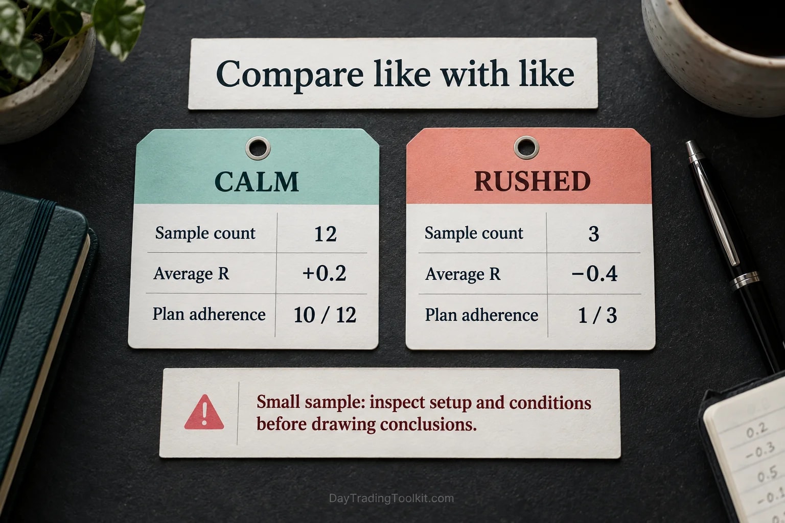 Seven journal fields record emotional state, motivation, compliance, planned and actual trade, response, context and lesson.