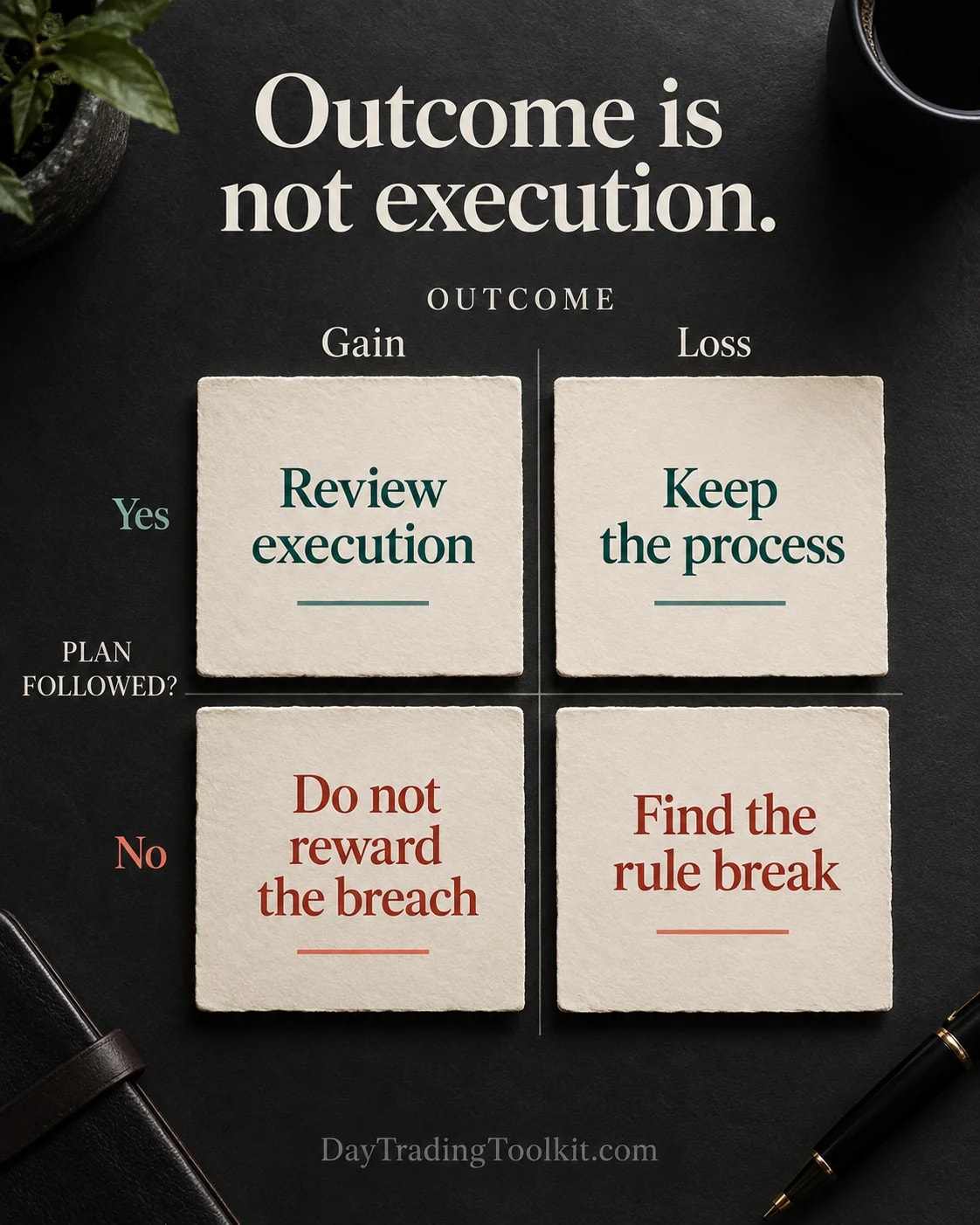 A four-cell matrix compares following or breaking the trading plan with profitable or losing outcomes.
