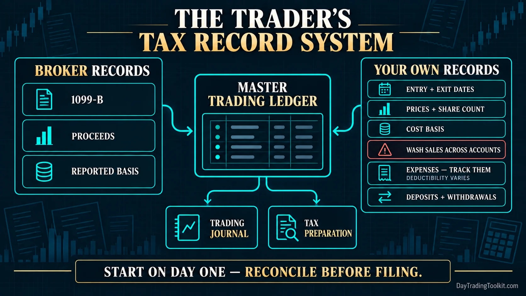 Trading tax record system combining broker statements with dates, prices, quantities, basis, wash sales, expenses, and cash flows.